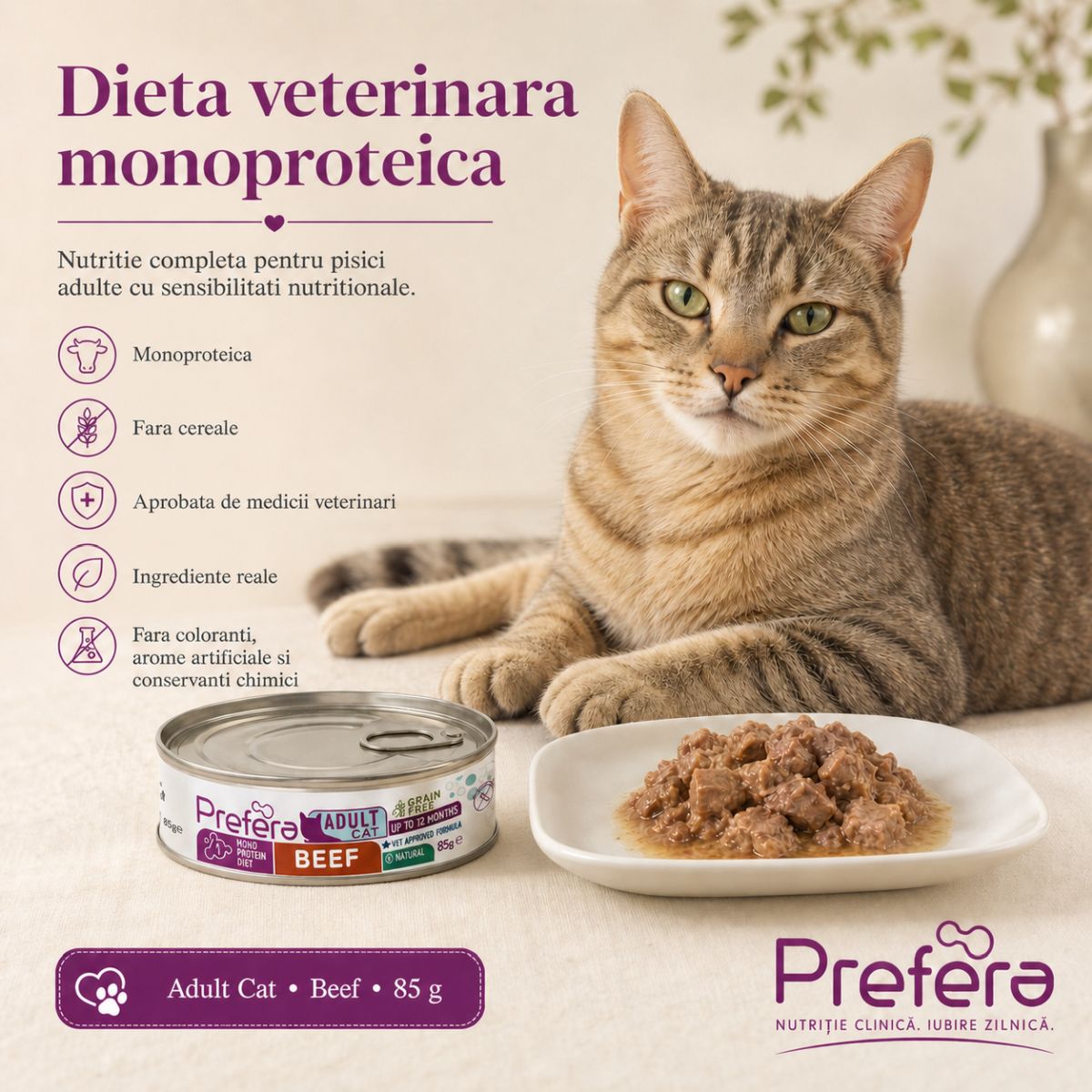 PREFERA MPD, Vită, dietă veterinară, conservă hrană umedă monoproteică fără cereale pisici, (în suc propriu), 85g - imagine 4